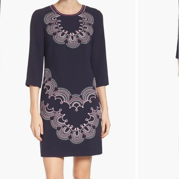 Eliza J | Navy Blue Pink White Embroidered Crepe Sheath Dress Size 4 - Picture 2 of 8